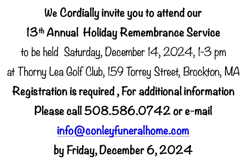 Invite to Conley Funeral Home's 13 Annual Holiday Remembrance Service